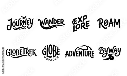 Foto Set of travel and adventure typography logos, handlettered quotes and emblems fo