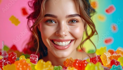 Young woman smiling with colorful gummy bears