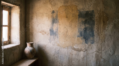 Lime plaster wall with cracks and aged texture beside rustic window and ceramic vase, creating quiet abandoned interior mood