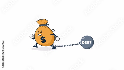 Money bag chained to a debt ball, flat 2D vector animation element on a transparent background representing financial burden and debt pressure.