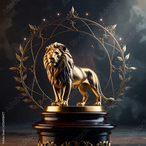Golden lion statue on wooden pedestal with decorative circle and mystical background