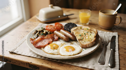 Full English breakfast platter with eggs, bacon, sausage, beans, tomatoes, and toast on wooden table