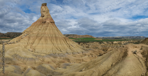 Panorama photo of famous beautiful Castildetierra in the semi-desert Bardenas Reales, Spain
