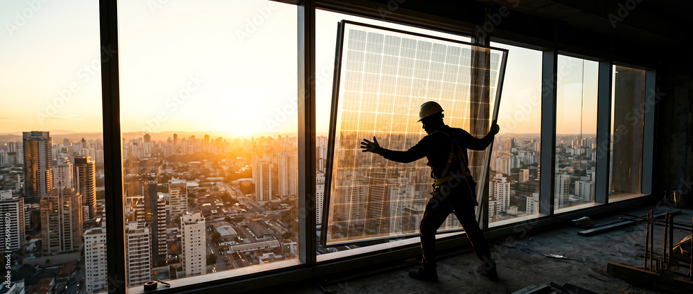 Fototapeta premium Construction worker installing glass window panel in high rise building at sunset