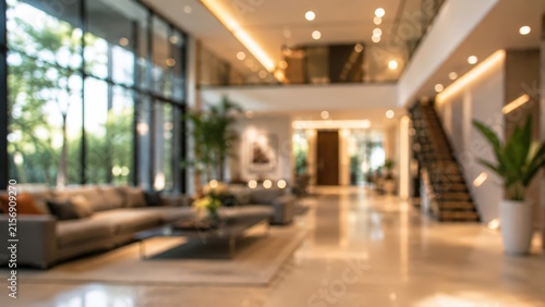 Modern luxury home interior blurred background living room design architecture real estate lobby lounge elegant apartment