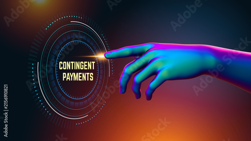 Contingent Payments Futuristic Human Hand Touching Circular Digital Interface, Programmable Finance and Next Generation Payment Infrastructure Concept