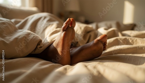 Close-up of bare feet of a person with dark skin sticking out from under a blanket on a bed under warm morning sunlight
