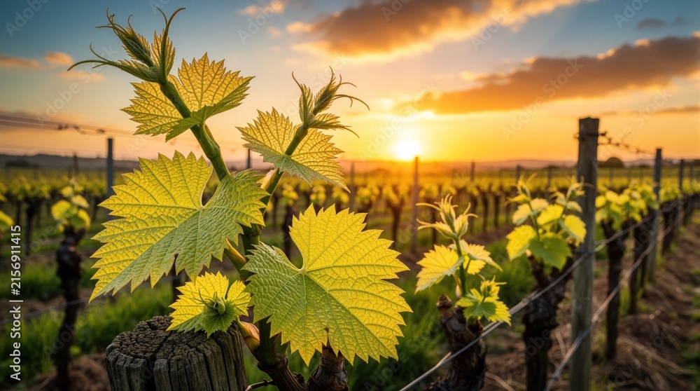 Naklejka premium Young grapevine leaves backlit by golden sunset glow. Rows of vines emerge in early spring, signaling new growth and agricultural renewal on farmland.