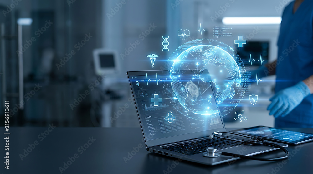 Fototapeta premium Digital medical globe hologram on laptop screen with stethoscope in modern hospital lab