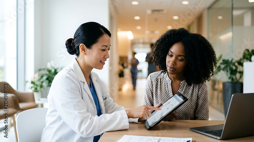 Asian female doctor showing tablet screen to patient in modern medical clinic office