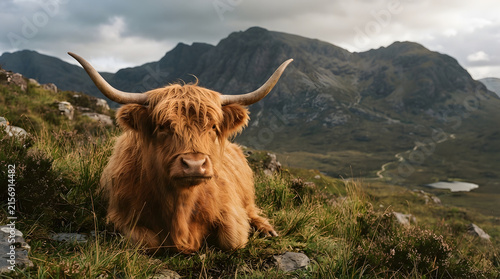 Highland cow sitting calmly in lush green mountain pasture with dramatic cloudy sky backdrop