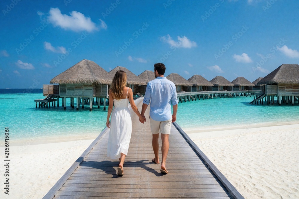 Fototapeta premium Romantic couple walk hand in hand on wooden pier towards luxury water villas in Maldives. Young man, woman enjoy summer vacation at tropical resort. Lovers explore exotic island destination with