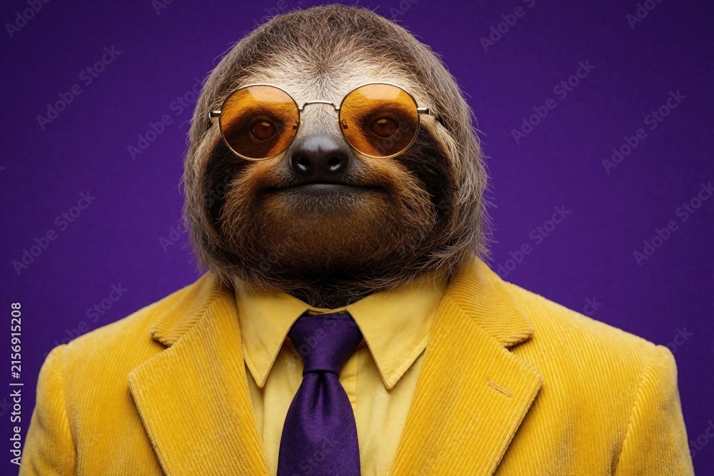 Naklejka premium Funny sloth wears yellow suit, sunglasses on purple background. Stylish animal dressed in formal clothing looks cool. Trendy mammal portrait with bright colors for creative concept humorous design.