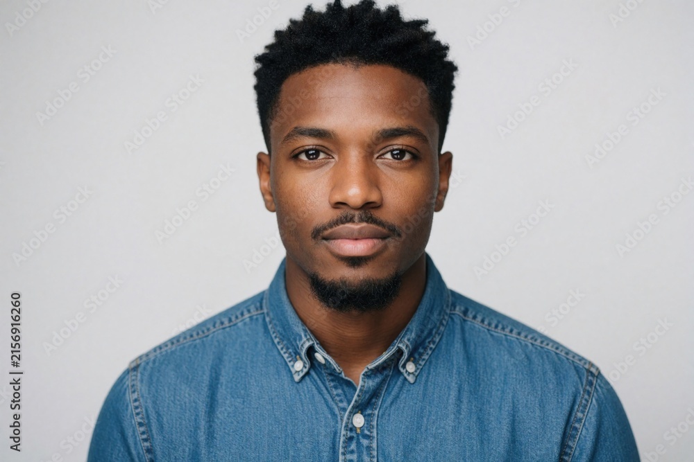 Obraz premium Young African man with afro hairstyle and beard wears denim shirt, posing against a light studio backdrop. He looks directly at camera with a serious expression.