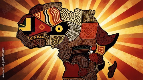 Africa map with colorful ethnic patterns, tribal art motifs. Vibrant sunburst background celebrates African liberation day, cultural heritage. Artistic continent design shows traditional texture,