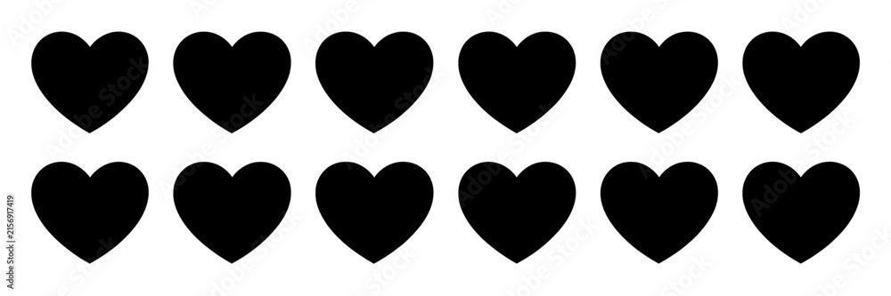 Obraz premium Heart icons collection featuring various silhouette shapes, romantic symbols, love graphics, decorative elements, Valentine themes, affection concepts and editable vector illustrations.
