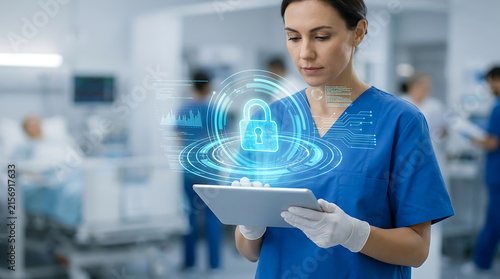 Healthcare worker using digital tablet with holographic security lock in hospital ward