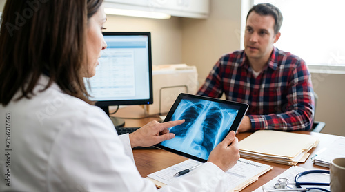 Doctor showing lung X-ray on tablet to male patient in medical office consultation