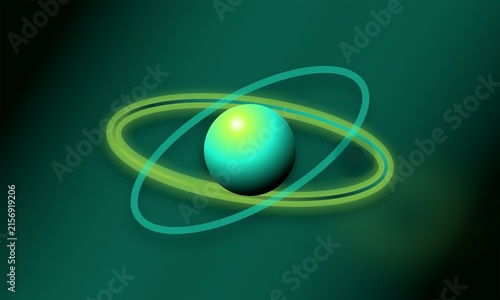 Foto Futuristic glowing sphere with orbital rings, abstract 3d atomic model on dark t
