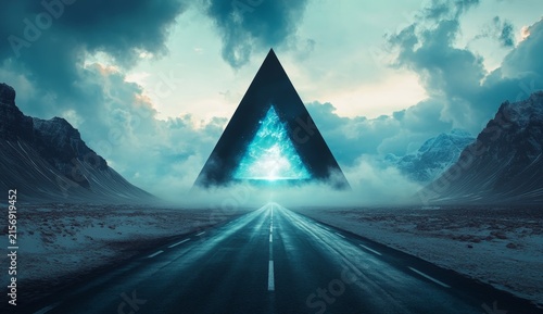 A road leading to the horizon with an abstract black triangle in front of it, leading into another world