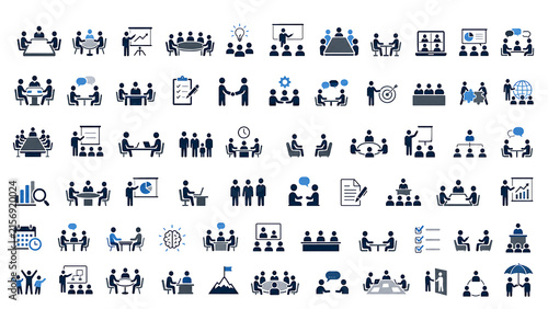 Management pictogram icons vector set depicting executive leadership workflow and business organization.