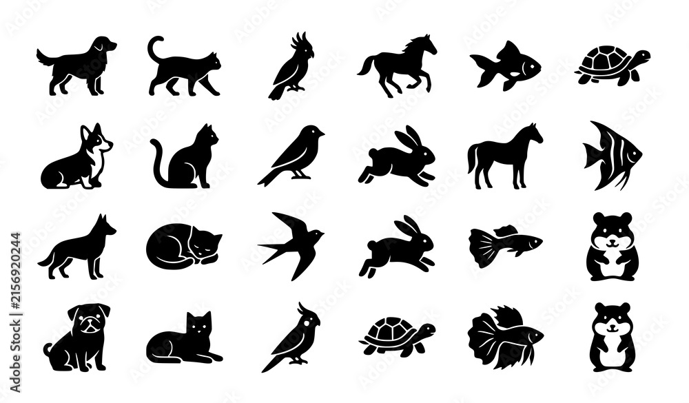Obraz premium animal, animals, pet, companion, dog, cat, bird, rabbit, horse, fish, turtle, hamster, icon, silhouette, black, filled, vector, collection, grid, isolated, editable, minimal, simple, veterinary, wildl