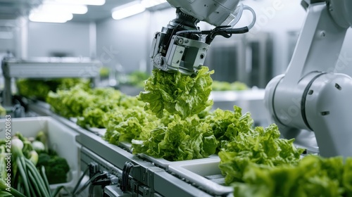 Advanced Automation in Agriculture, Robotic Arm Gripping Fresh Lettuce in Modern Hydroponic Farm, Efficient Food Production Technology