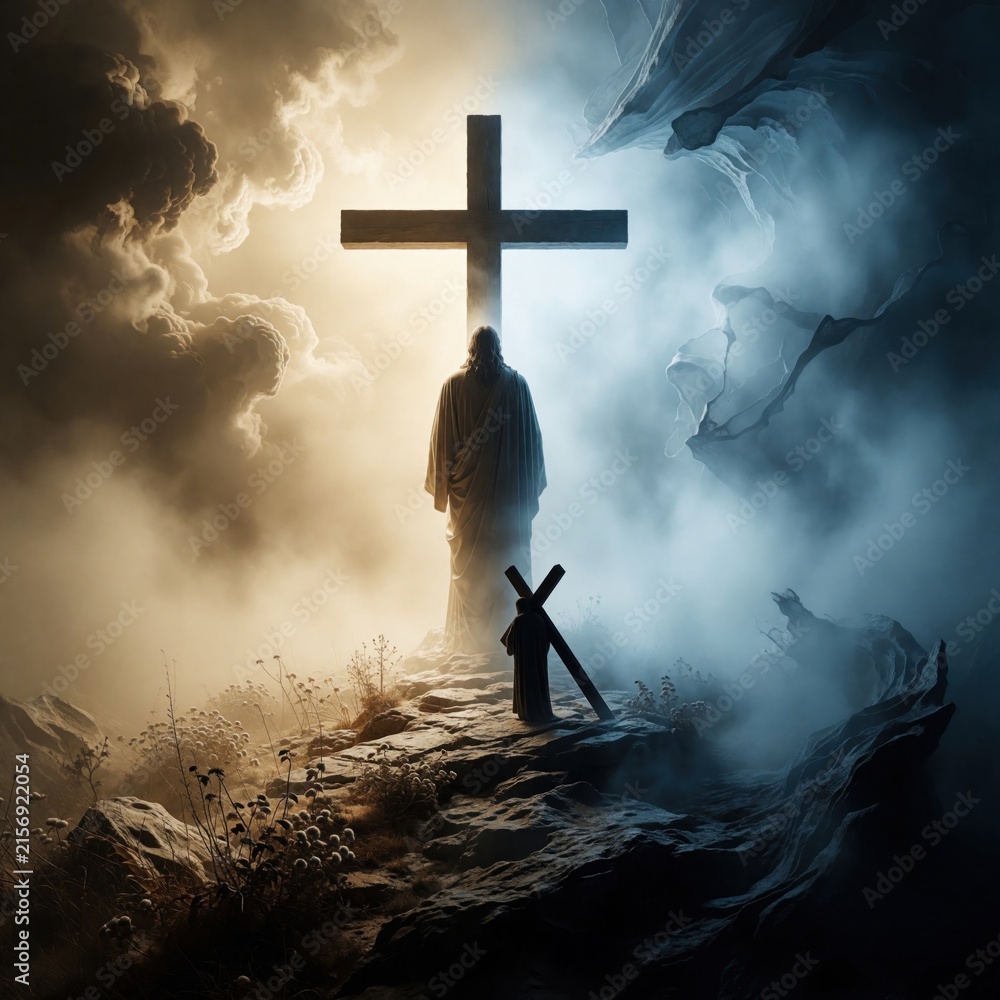Naklejka premium Jesus Christ stands before large wooden cross under dramatic sky. Divine light meets blue mist in symbolic scene. Small silhouette of person prays on rocky ground. Sacred atmosphere shows faith,