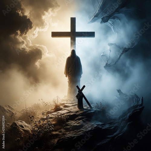 Jesus Christ stands before large wooden cross under dramatic sky. Divine light meets blue mist in symbolic scene. Small silhouette of person prays on rocky ground. Sacred atmosphere shows faith,