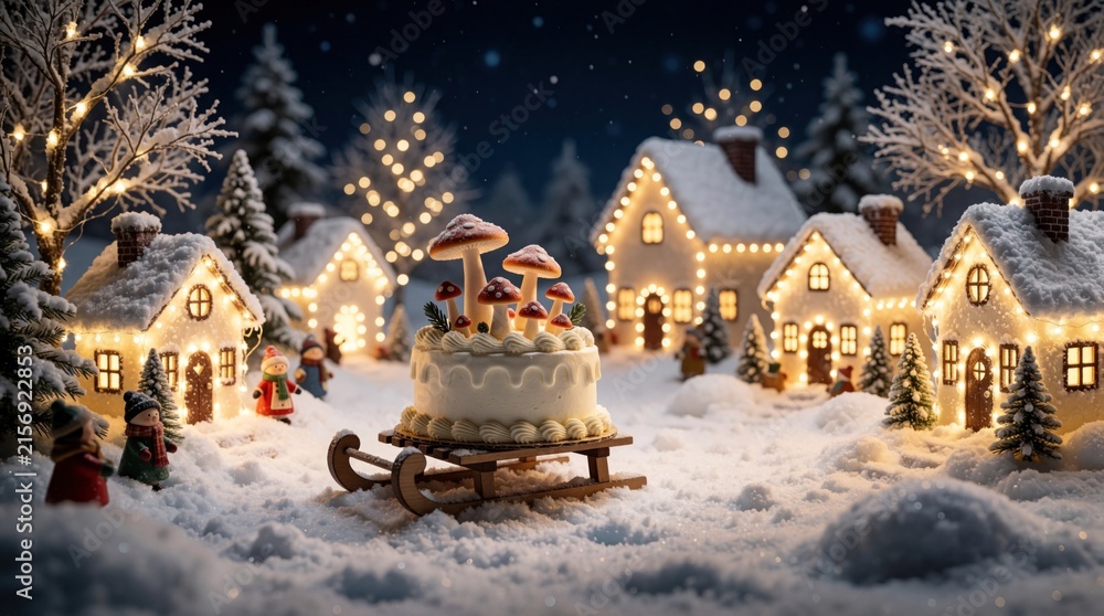 Fototapeta premium Decorative cake with mushroom toppers sits on wooden sled in snowy village. Small lit houses, tiny people create festive winter landscape. Warm lights glow under night sky in magical miniature
