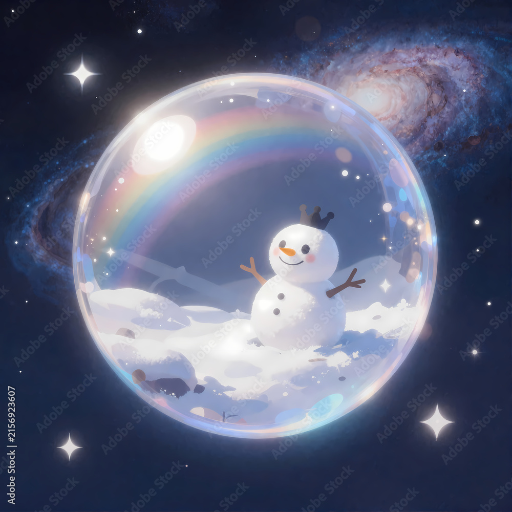 Fototapeta premium Whimsical digital illustration of a cute snowman resided in a snowy land inside a clear sphere in deep space surrounded by stars.