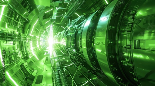 Futuristic Technology Tunnel with Neon Green Glow and Machinery