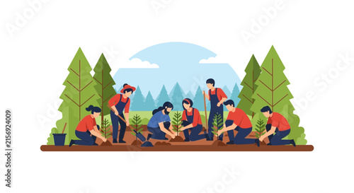 Diverse group planting trees in a forest for environmental conservation