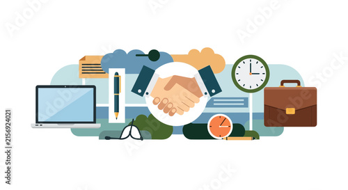 Business Partnership Illustration with Handshake and Office Elements