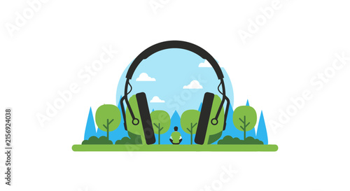 Man Meditating in Forest with Giant Headphones Vector Illustration for Wellness and Nature Sounds Concept