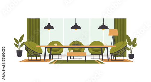 Modern Minimalist Interior Design Illustration with Green Furniture and Wooden Table