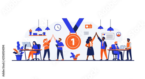 Business Team Celebrating Success and Achievement with Medal in Modern Office Vector