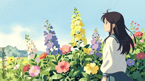 Serene Girl in a Flower Field with Colorful Blossoms and Bright Blue Sky