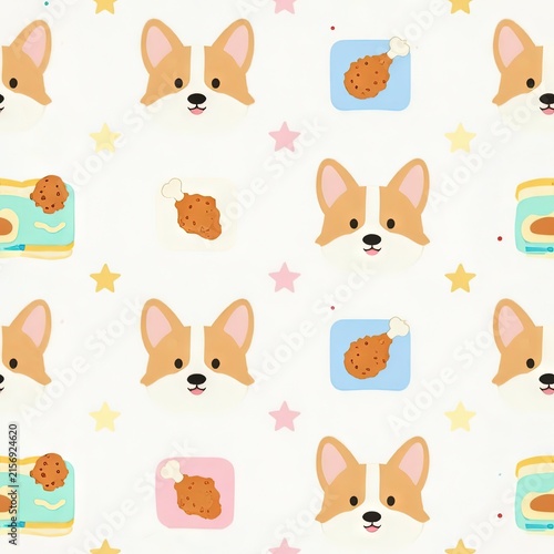 Charming Pattern of Corgi Dogs with Treats and Star Motifs in Pastel Colors