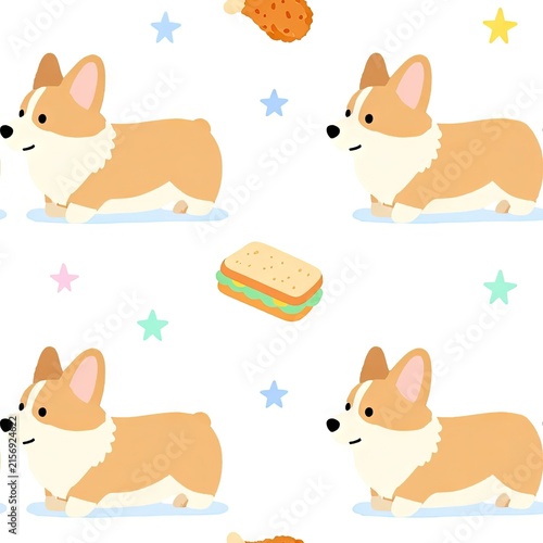 Cute Corgi Dog Pattern with Stars, Food Items, and Playful Design for Fun Decor