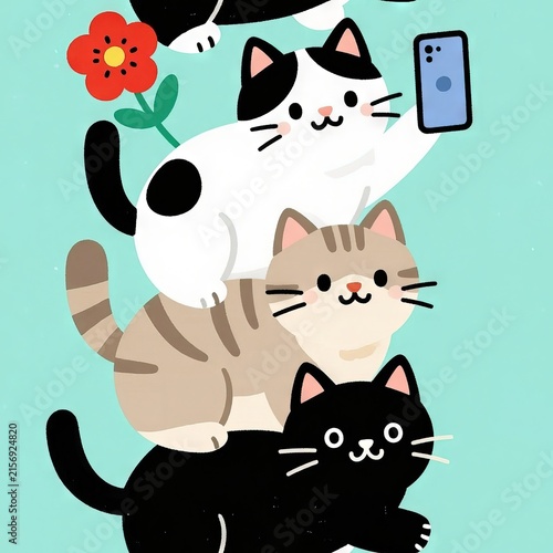 Playful Cats in a Stack Holding Phone with Flower on Light Blue Background