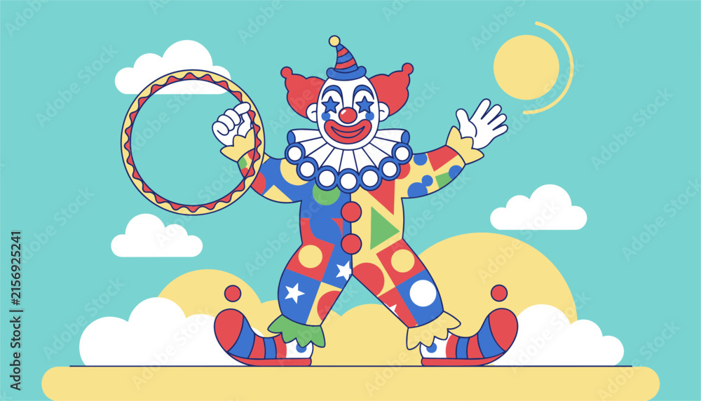Fototapeta premium Happy circus clown wearing a colorful patterned suit holds a large hula hoop under a bright sun and clouds.