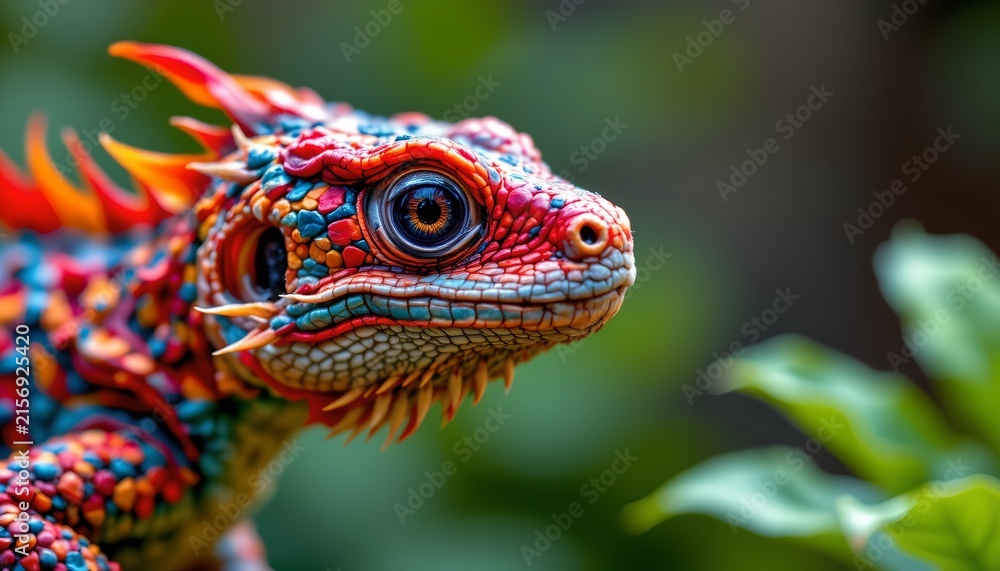 Obraz premium A vibrant, reptilian creature with a unique blend of colors, including orange, red, black, and green. Its scales appear to be textured, possibly mimicking the scales of certain lizards or geckos