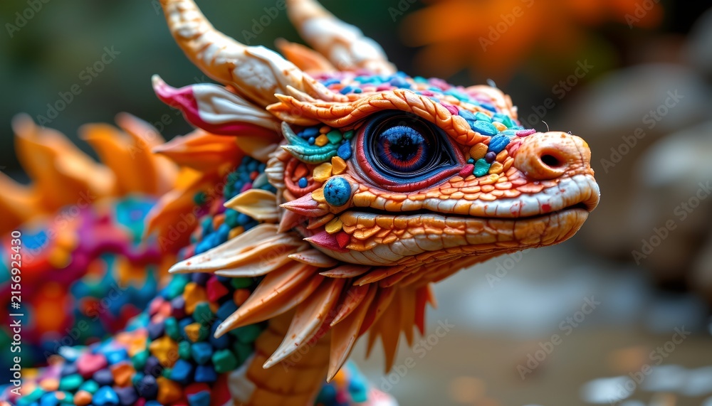 Obraz premium A fantastical dragon like figure with a vibrant appearance, crafted from colorful beads and featuring intricate scales and designs, giving it an eye catching, multicolored look