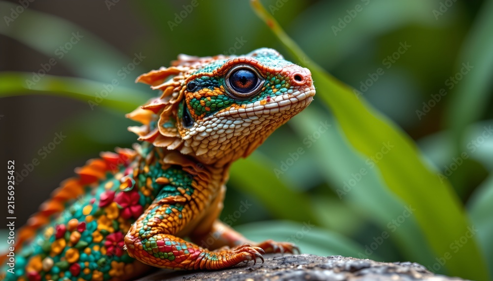 Obraz premium A vividly colored lizard with an intricate pattern is perched on a rock, surrounded by greenery.