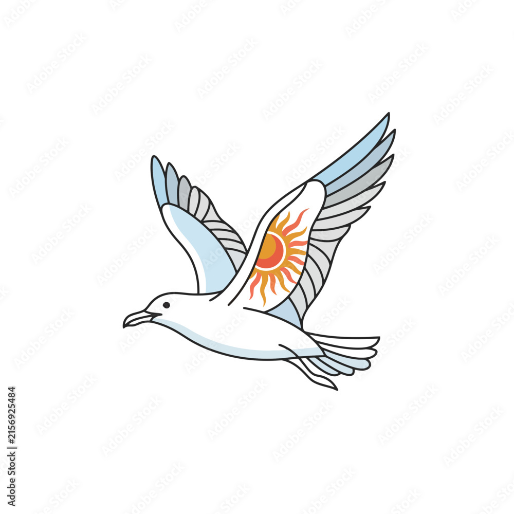 Obraz premium White Bird Flying With Radiant Sunburst Feather Design.