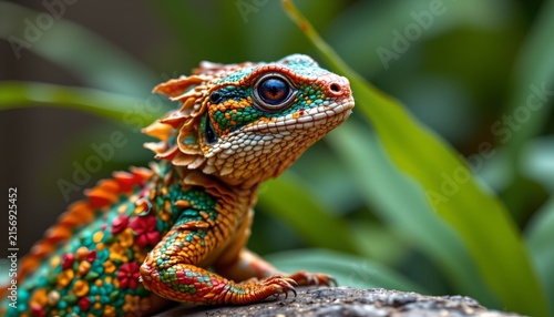 A vividly colored lizard with an intricate pattern is perched on a rock, surrounded by greenery.