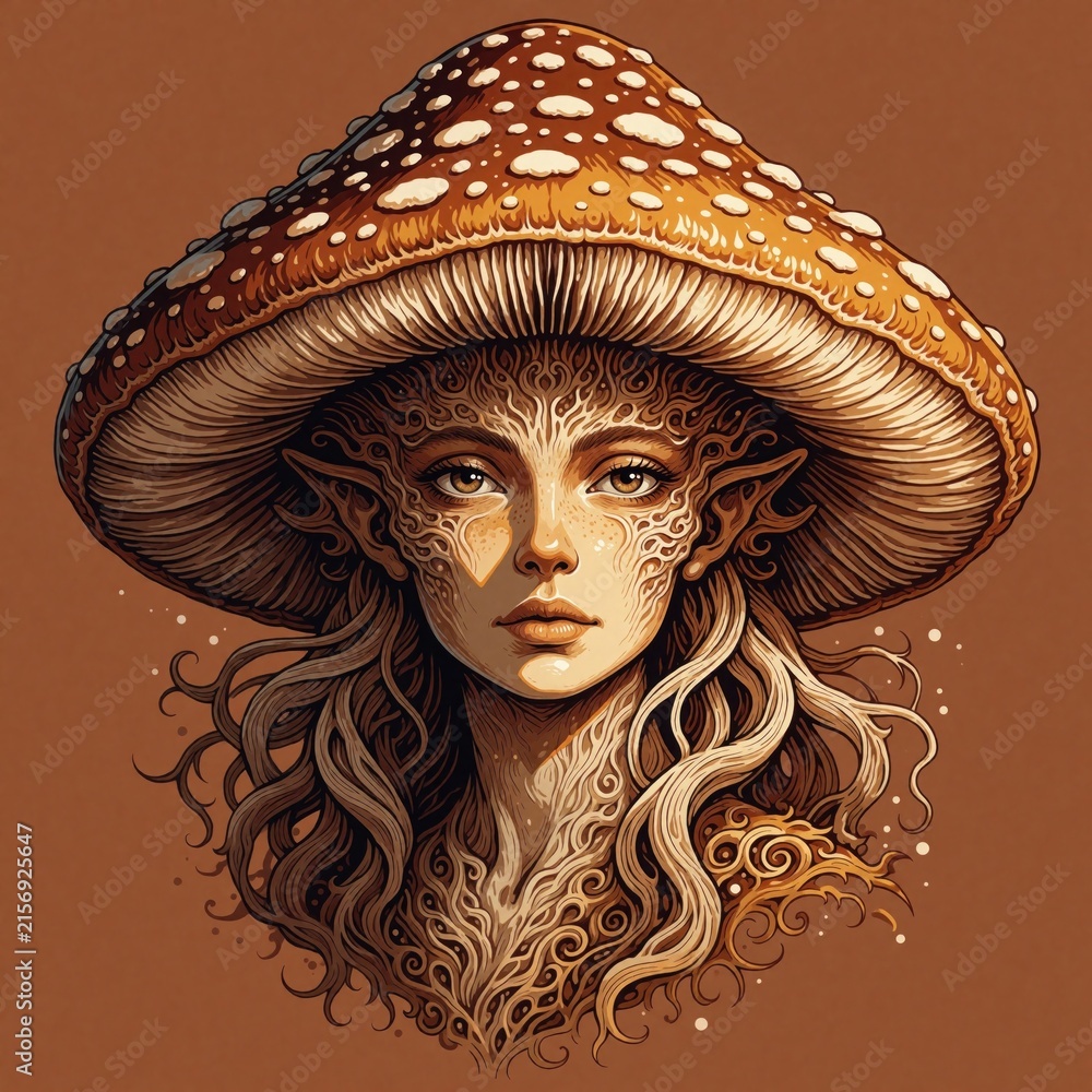 Fototapeta premium Fantasy mushroom woman portrait. Creature has mushroom cap head, elf ears, ornate face patterns, long wavy hair. Mystical forest being illustration.