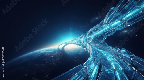 Abstract digital art of a glowing blue crystalline structure orbiting Earth Keywords: abstract, digital art, 3D, rendering, futuristic