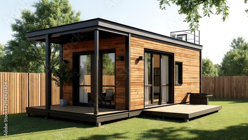 Modern small wooden house with large windows and outdoor deck in green garden space
